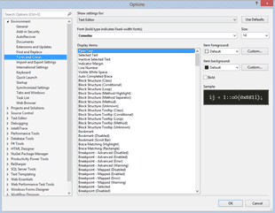 Okno domyślnego edytor kolorów w Visual Studio 2013