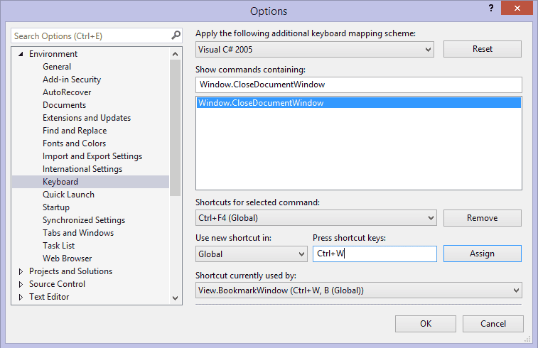 Visual Studio Keyboard Options: CTRL+W