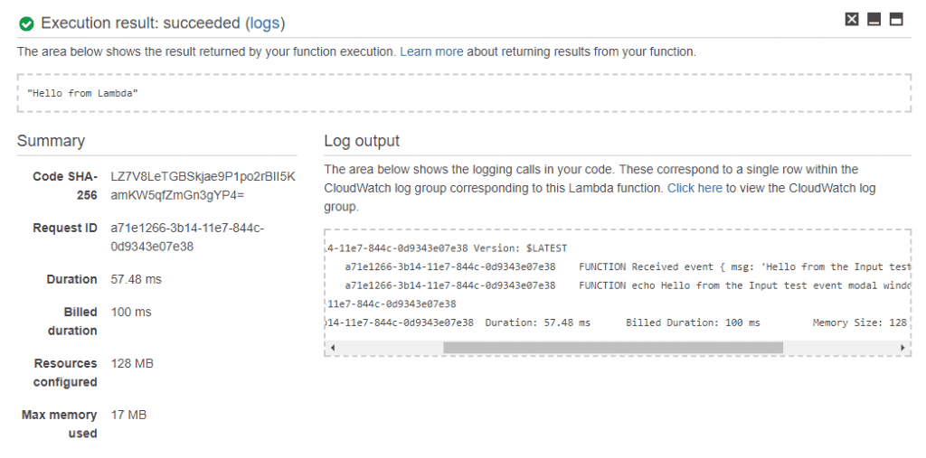 AWS Lambda - Wynik testu