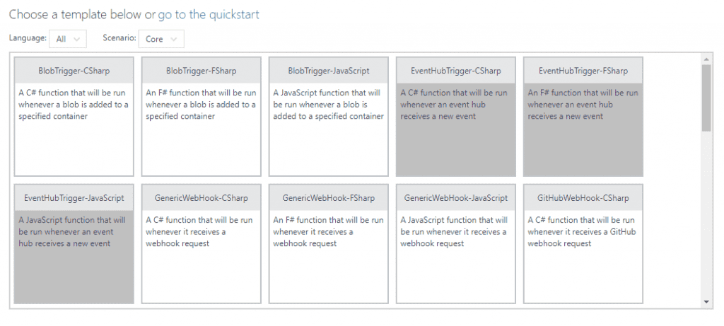 Azure Functions - Okno wyboru szablonu funkcji